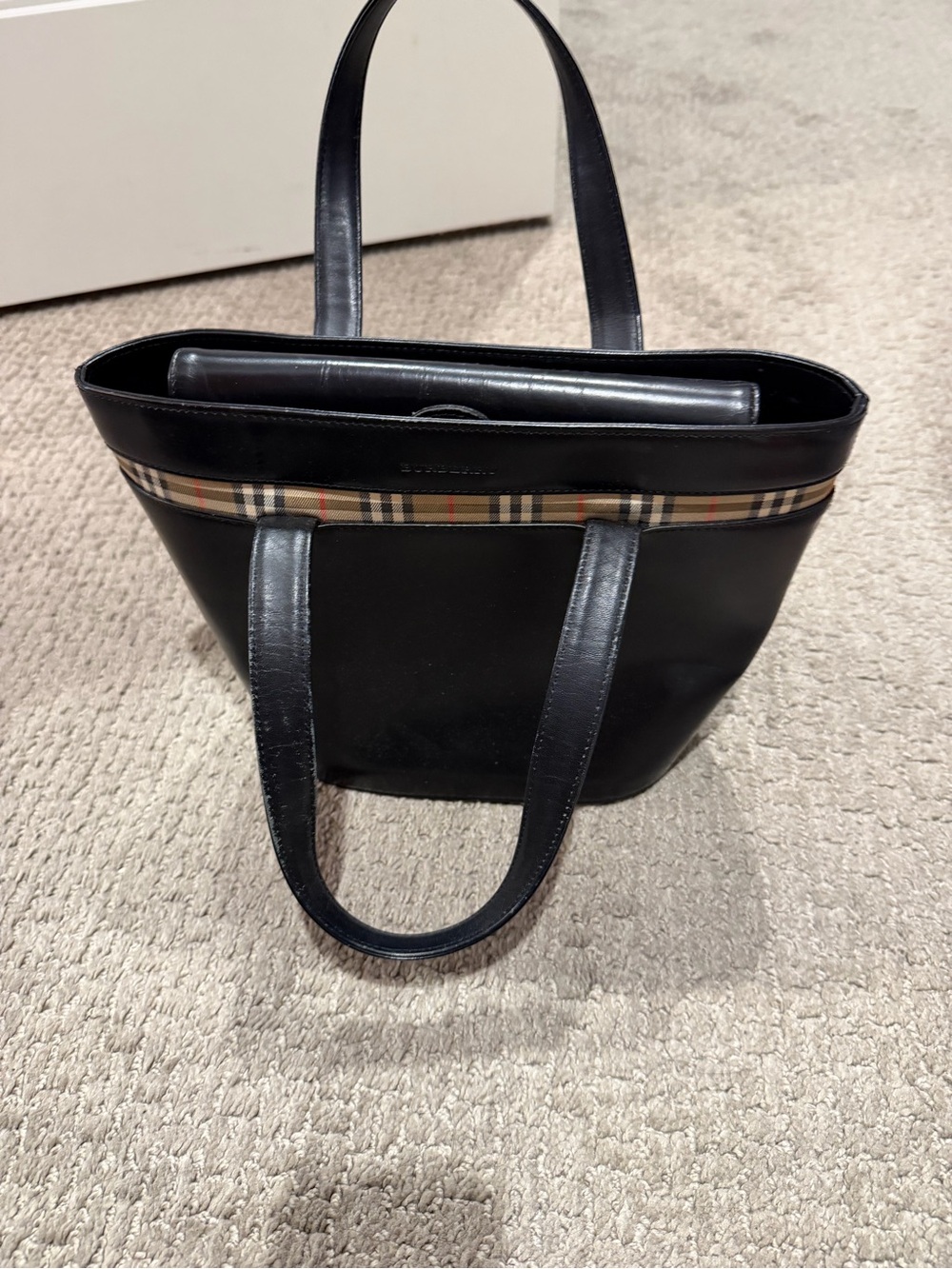 Burberry Black Leather Tote with Signature Check Accent